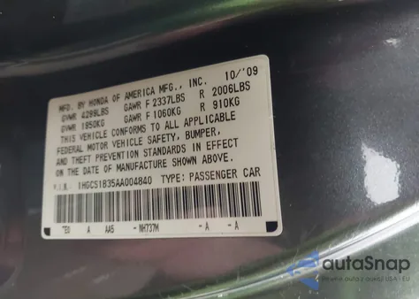 2010 Honda Accord 2.4 Lx-S from USA, damaged, VIN 1HGCS1B35AA004840